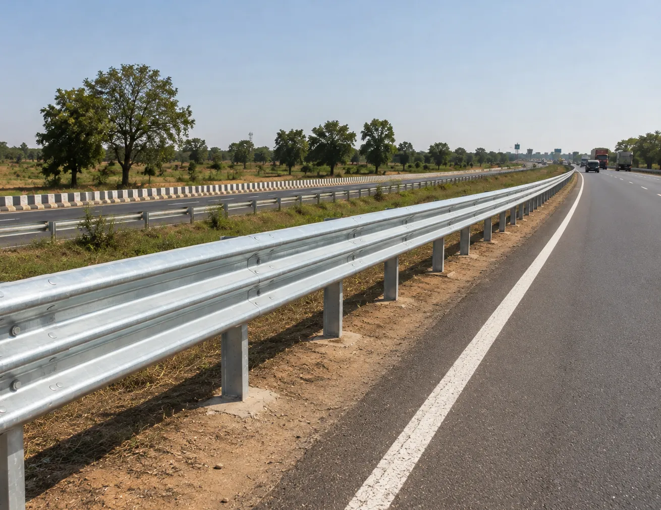 Thrie beam crash barrier for road safety application